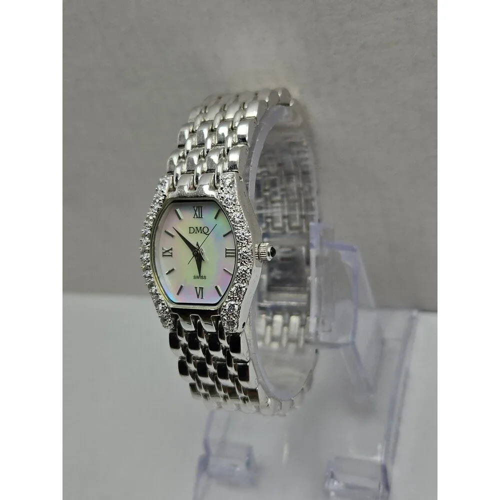 DMQ Diamonique Womens Silver Tone Mother Of Pearl Swiss Quartz Watch New Battery